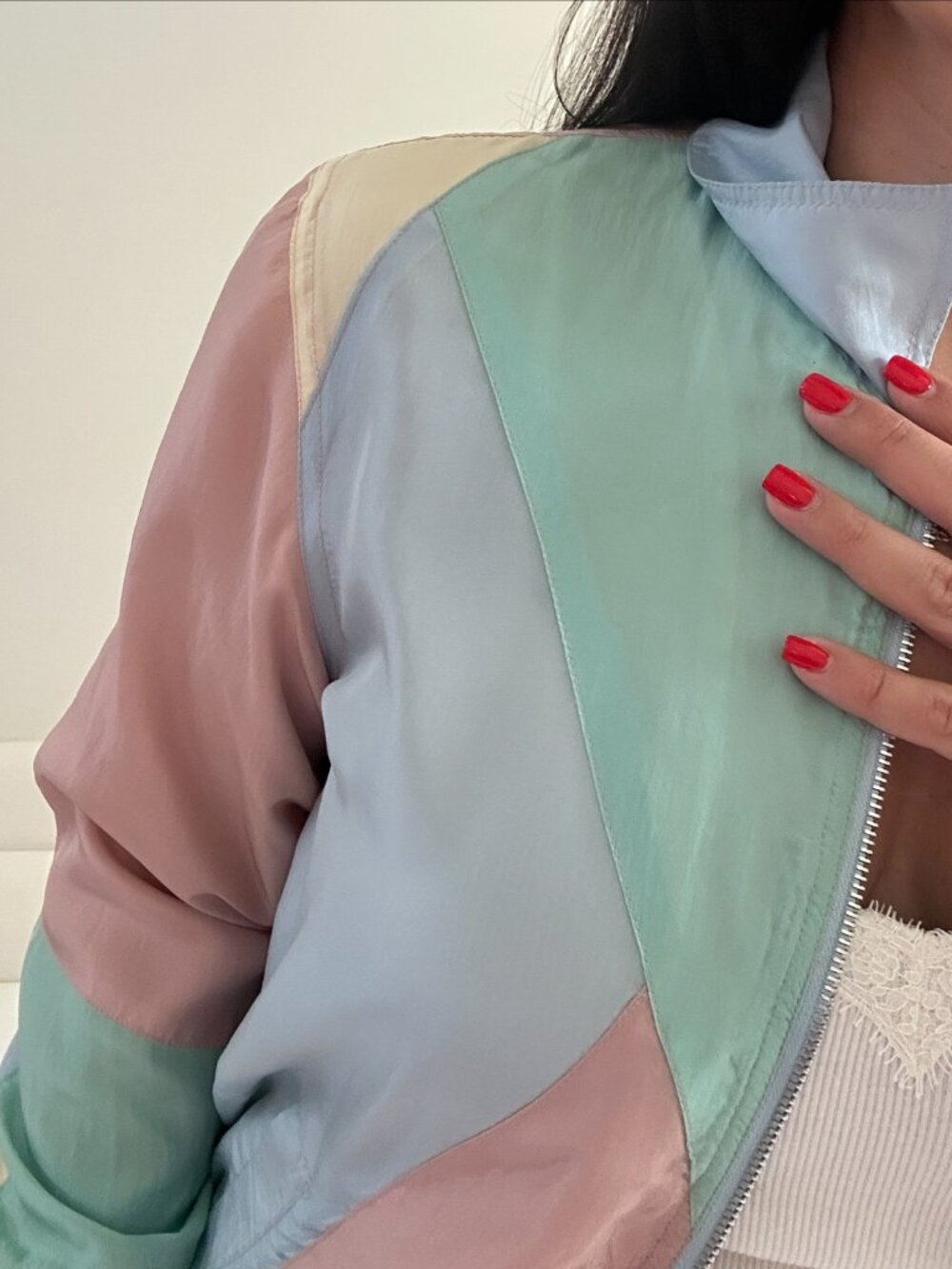 Vintage 80s Blair 100% Silk Pastel Color Block Bomber Jacket Oversized Small - Picture 8 of 14